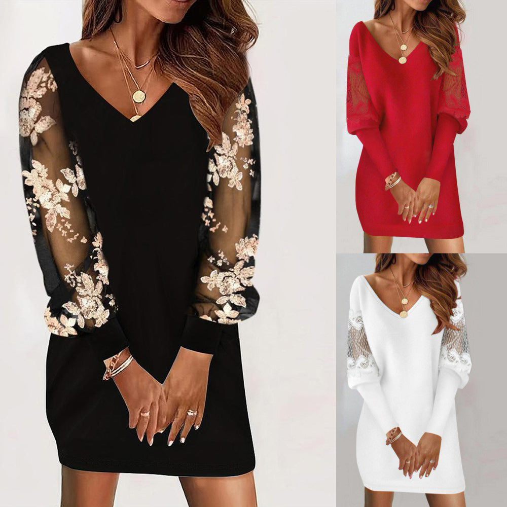 Long-sleeved V-neck Dress Spring And Autumn New Style Lace Splicing