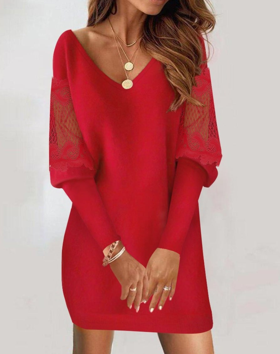 Long-sleeved V-neck Dress Spring And Autumn New Style Lace Splicing